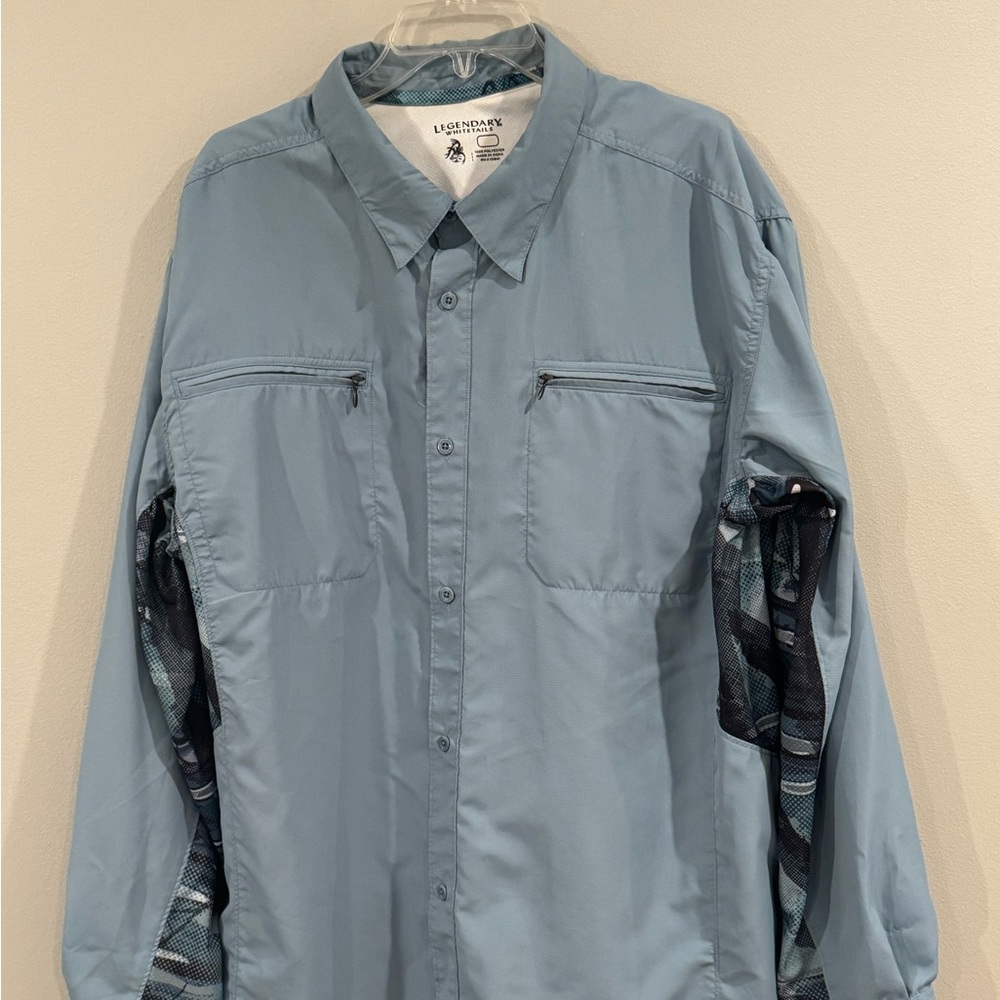 Legendary Whitetails Button Up Shirt Snap Collar Camo Sides Blue 2XL Hiking Fish